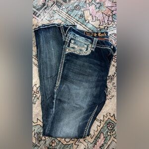 Rock Revival Blue Boot Cut Jeans with Distressed Look (LONG)